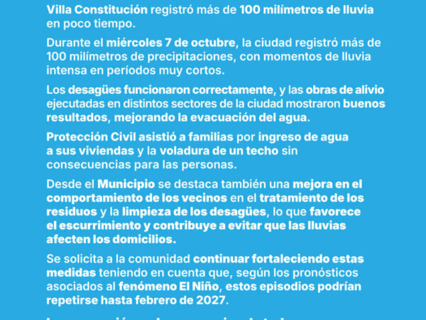 Villa Constitución registró más de 100 milímetros de lluvia en pocas horas
